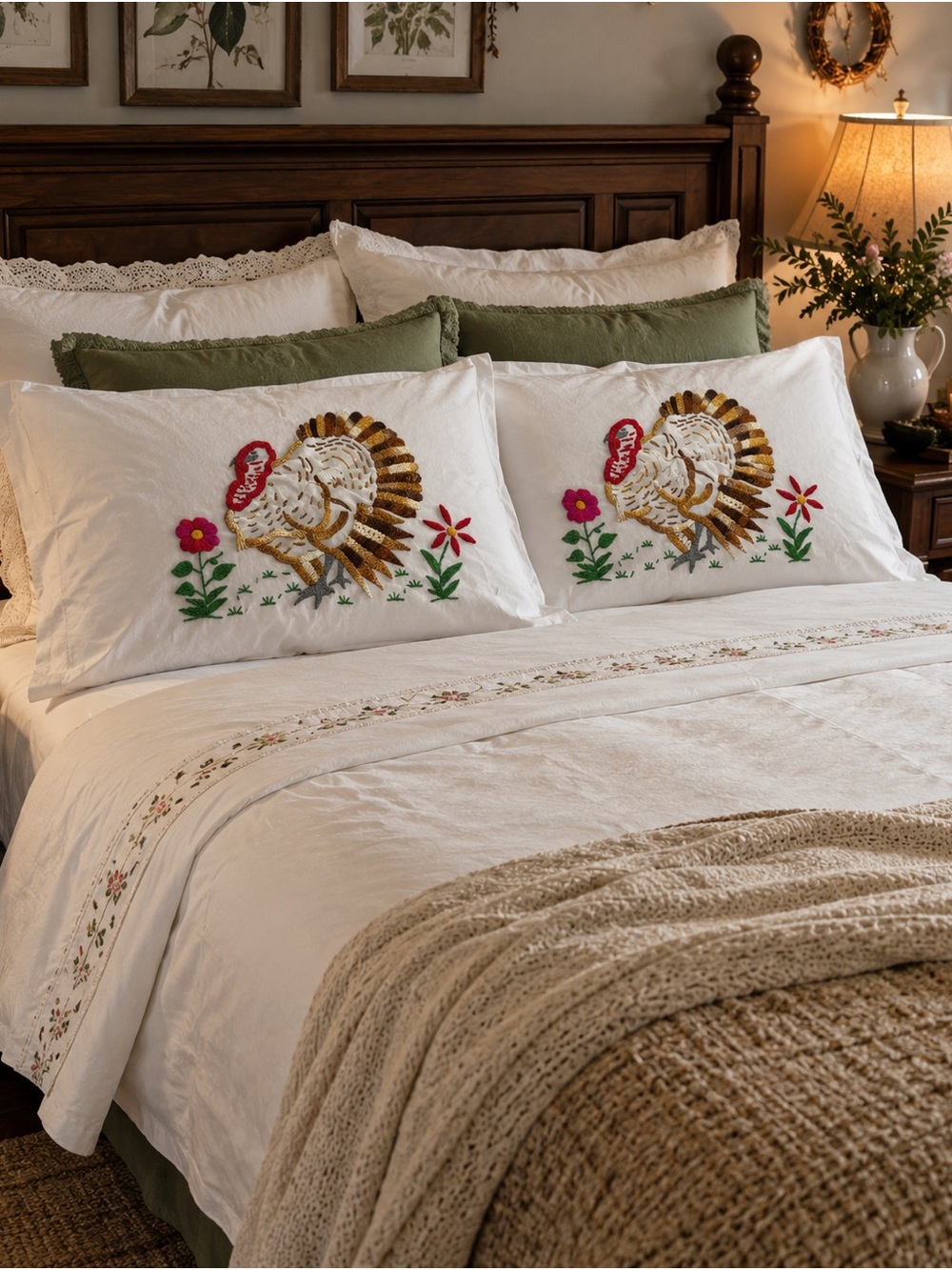 Embroidered Turkey Pillowcases in White and Green - Rustic Home Bedding